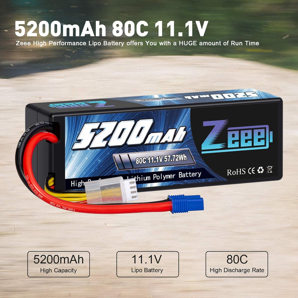 3S Lipo Battery 5200mAh 11.1V 80C with EC3 Plug Hard Case Battery (2 Pack) M721950
