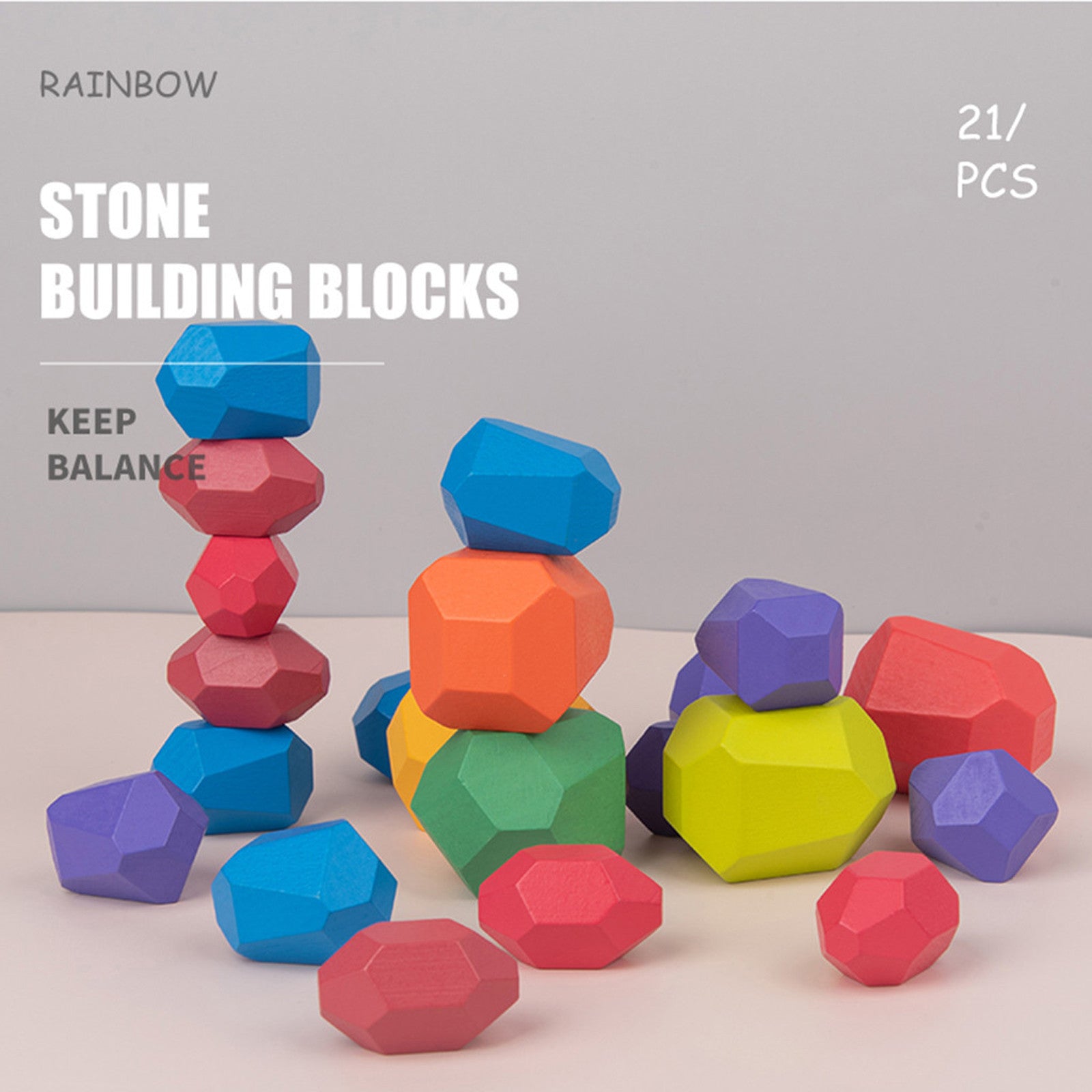 Wooden Stone Building Block Stacking Game Rainbow Toy V318081