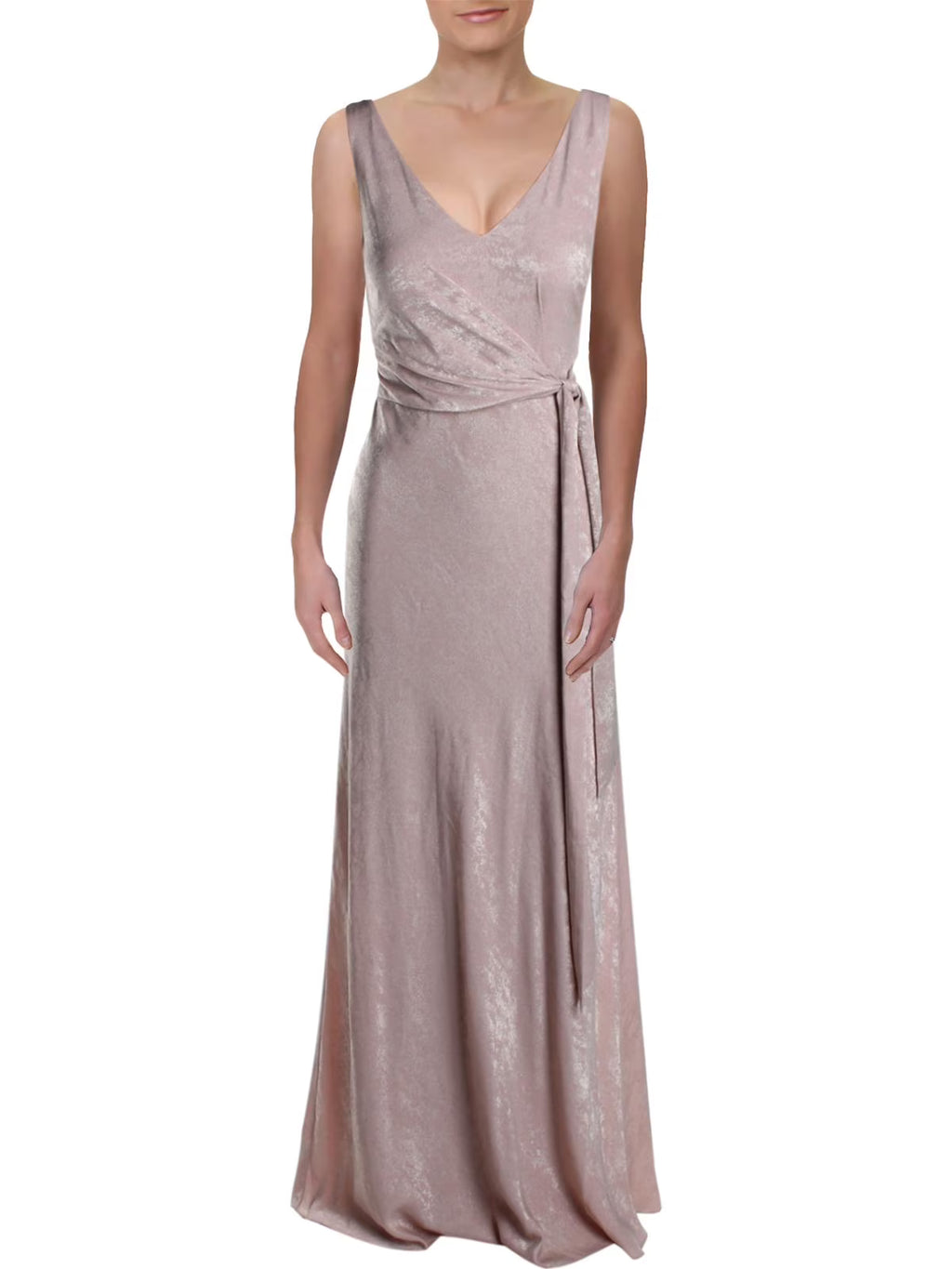 Pink Tie Front Sleeveless V Neck Maxi Sheath Dress C927