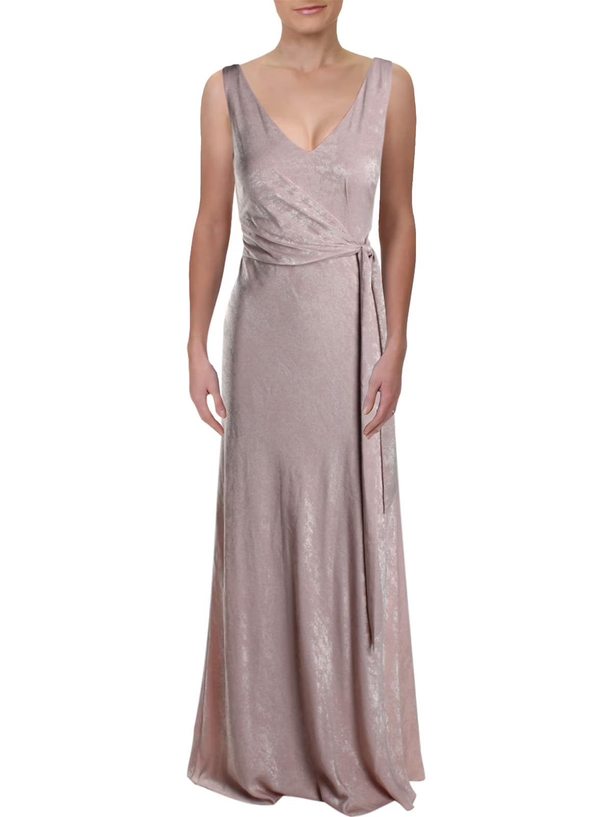 Pink Tie Front Sleeveless V Neck Maxi Sheath Dress C927