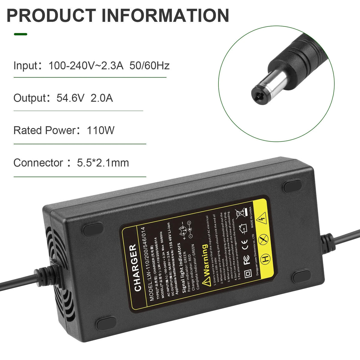 54.6V 2A E-bike Charger for 48V Li-ion Battery 5.5x2.1/2.5mm Tip T30369