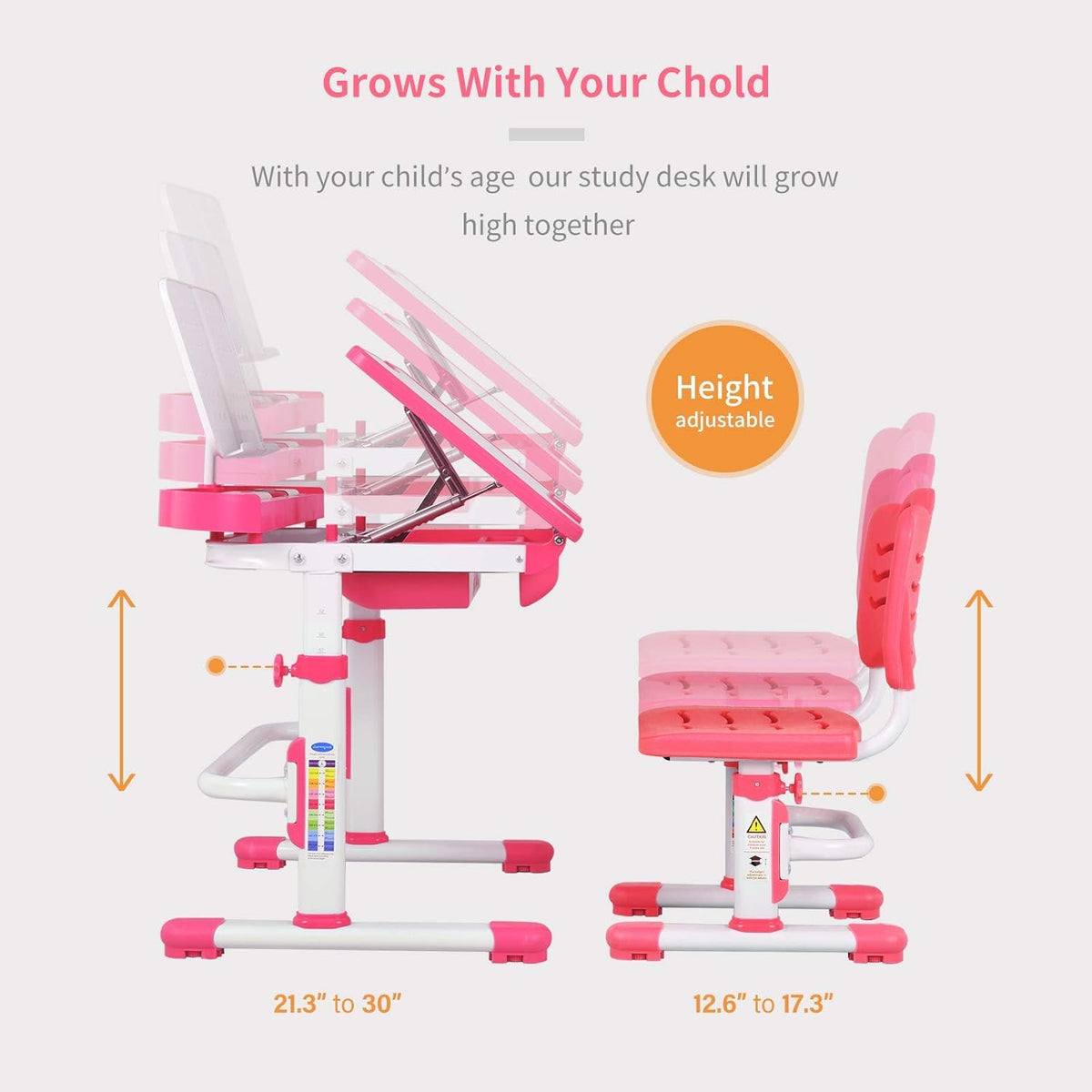 Pink Height Adjustable Kids Desk and Chair Set P26948