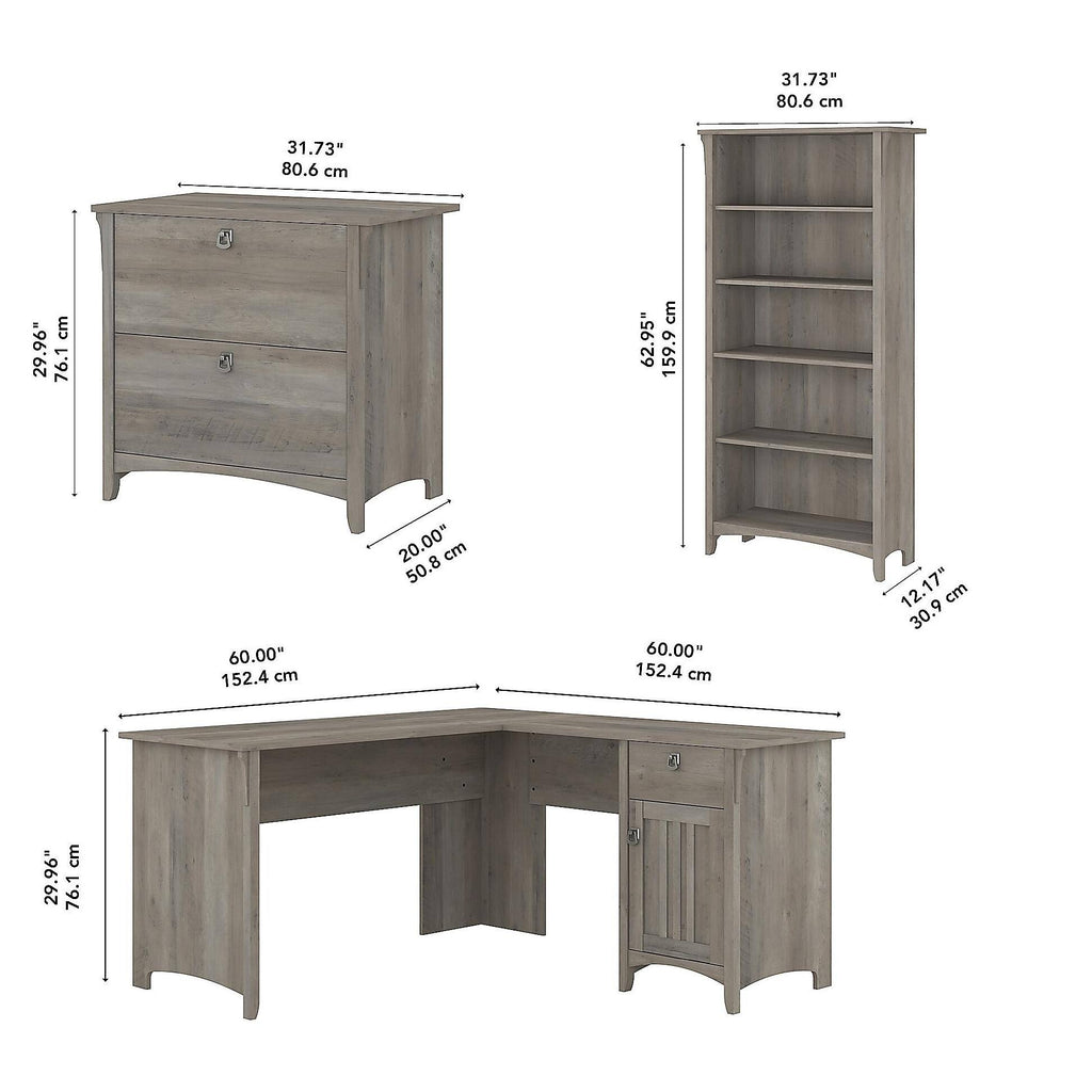 L Shaped Desk with Lateral File Cabinet and 5 Shelf Bookcase, Driftwood Gray V750826