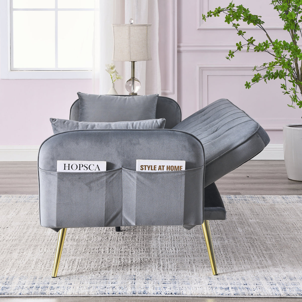 Grey Convertible Velvet Sofa Bed I692