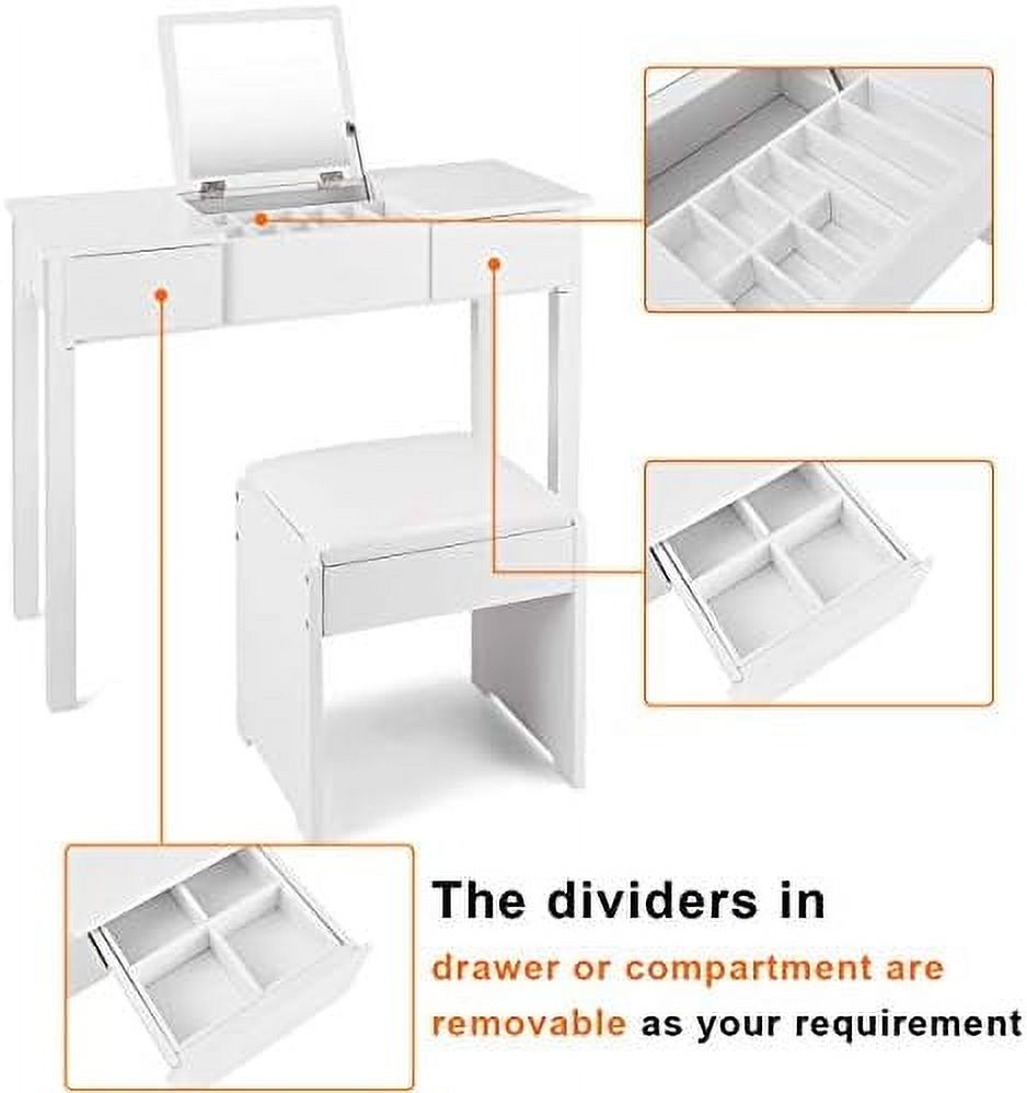 White Vanity Set with Flip Top Mirror and Cushioned Stool E7305