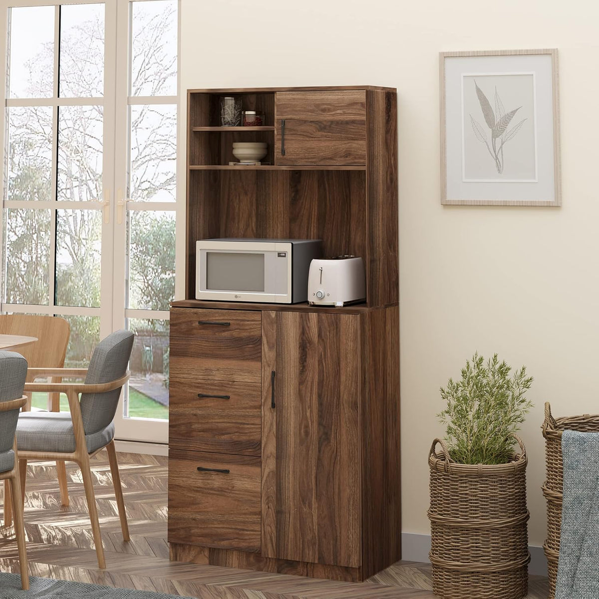 Walnut Kitchen Buffet Hutch with 3 Drawers and Sliding Door O75232