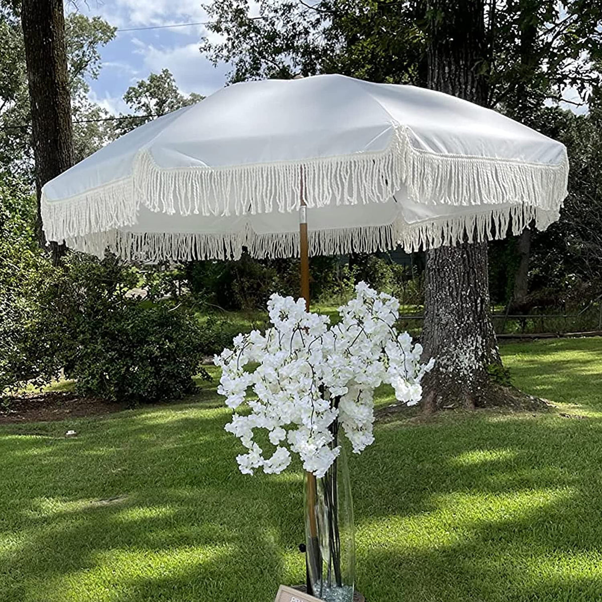 White Cream 7ft Patio Umbrella with Fringe L1201