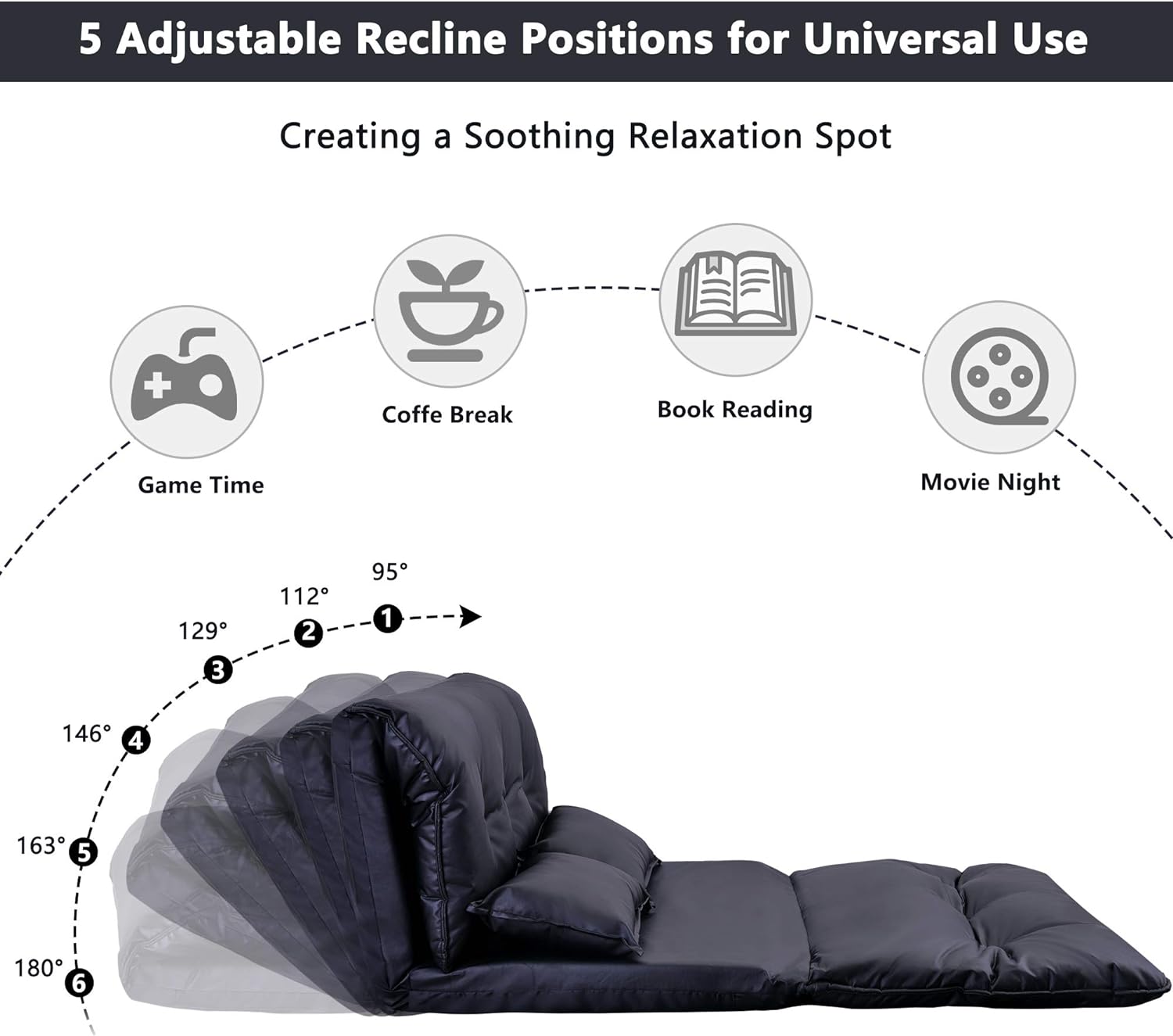 Adjustable Floor Sofa Bed with 2 Pillows, 5 Reclining Position, Black G36901