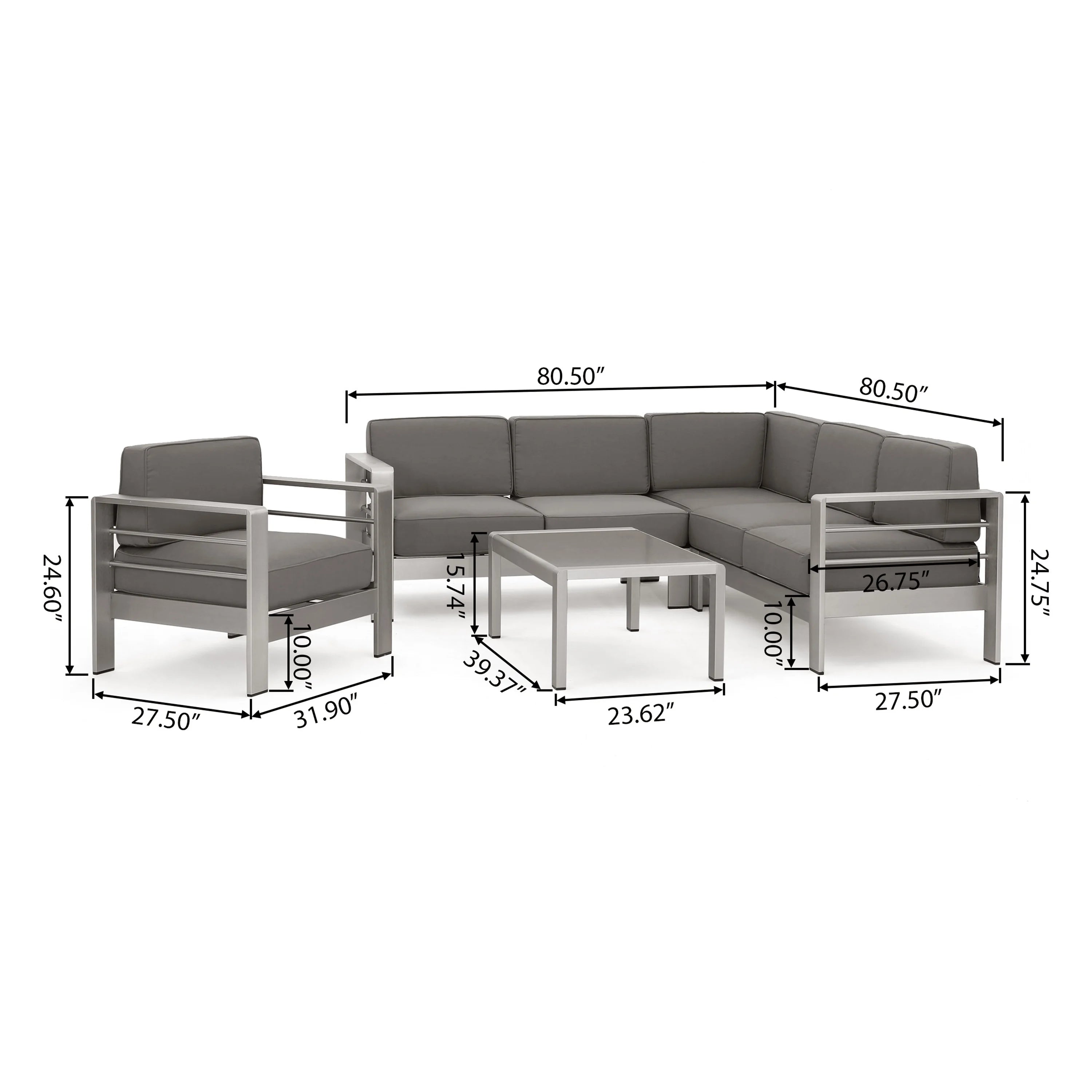 Khaki Aluminum Sofa Set with Glass Table and Cushions D892625