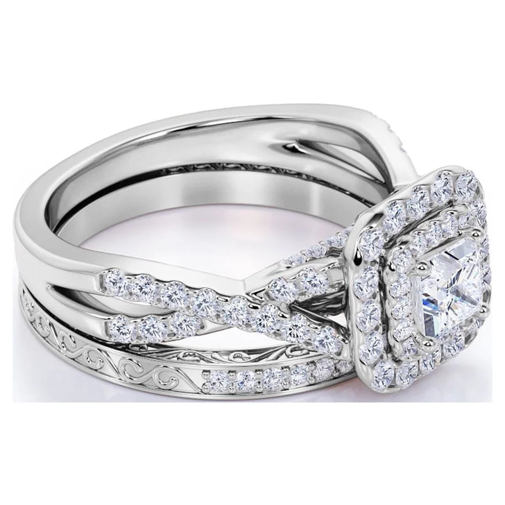 18K White Gold over Silver Moissanite Wedding Ring Set M49044