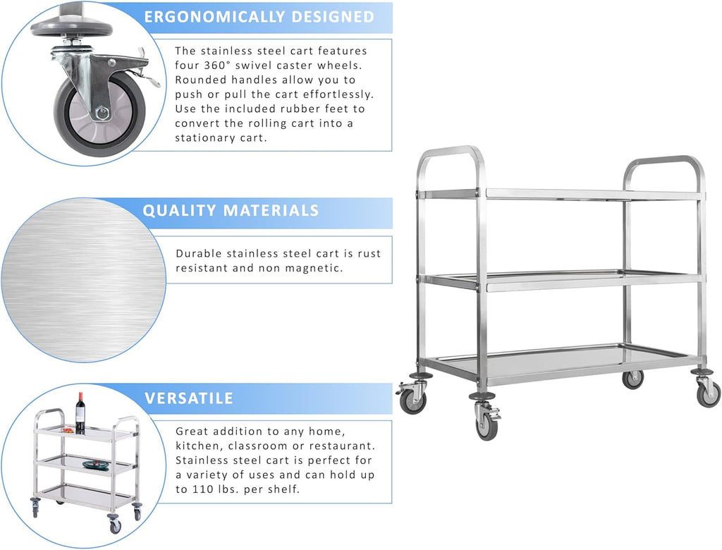 Stainless Steel 3 Tier Rolling Utility Cart with Swivel Locking Wheels H542508