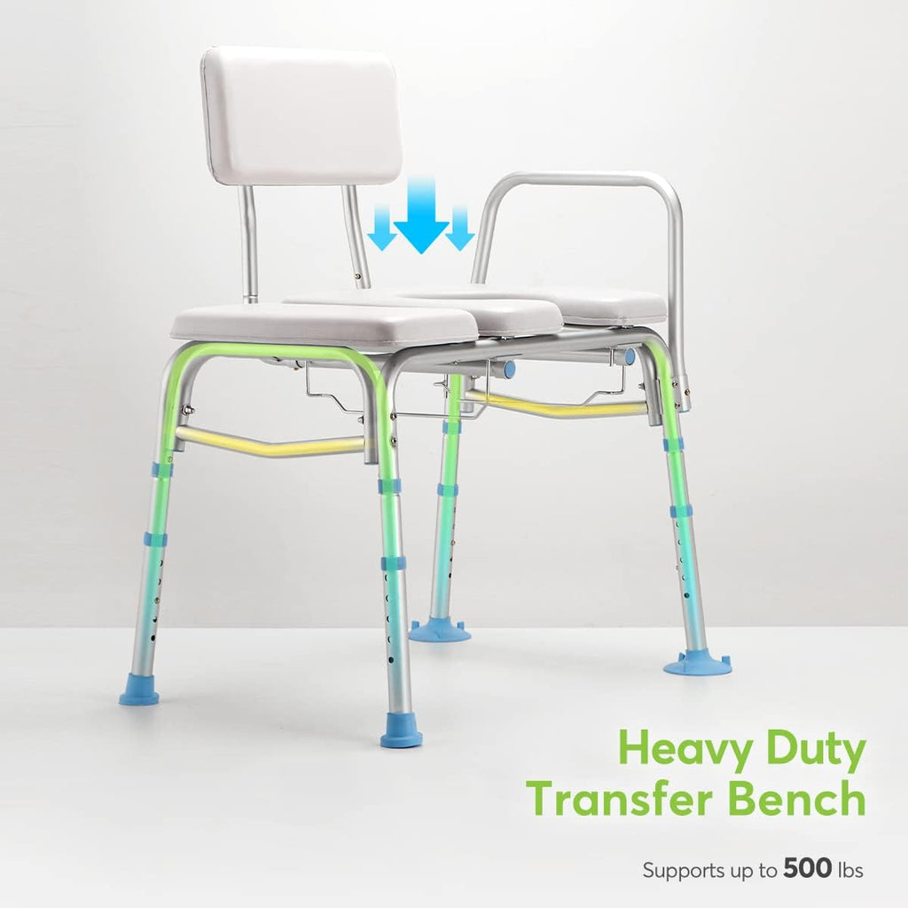 Bathtub Transfer Bench with Commode Opening, Padded Shower Bench with Removable Backrest & Adjustable Legs N946