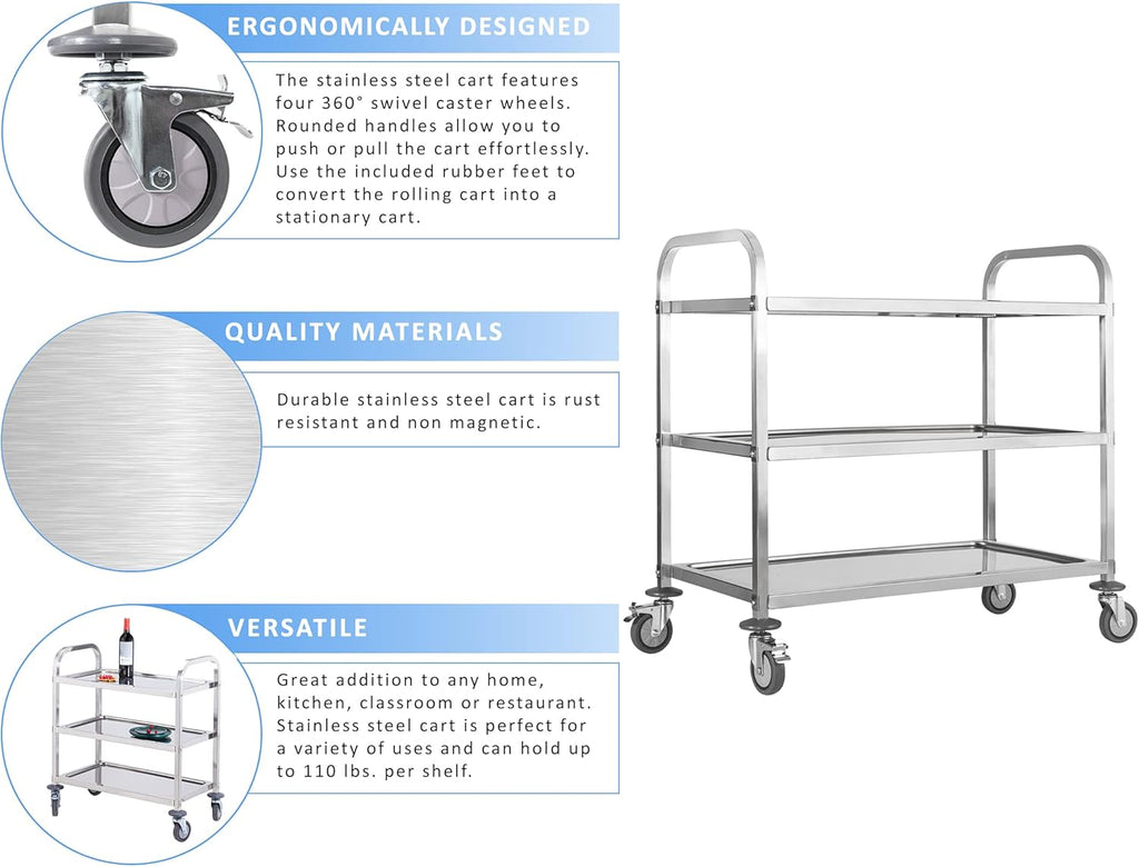Stainless Steel 3 Tier Rolling Utility Cart with Swivel Locking Wheels H542508