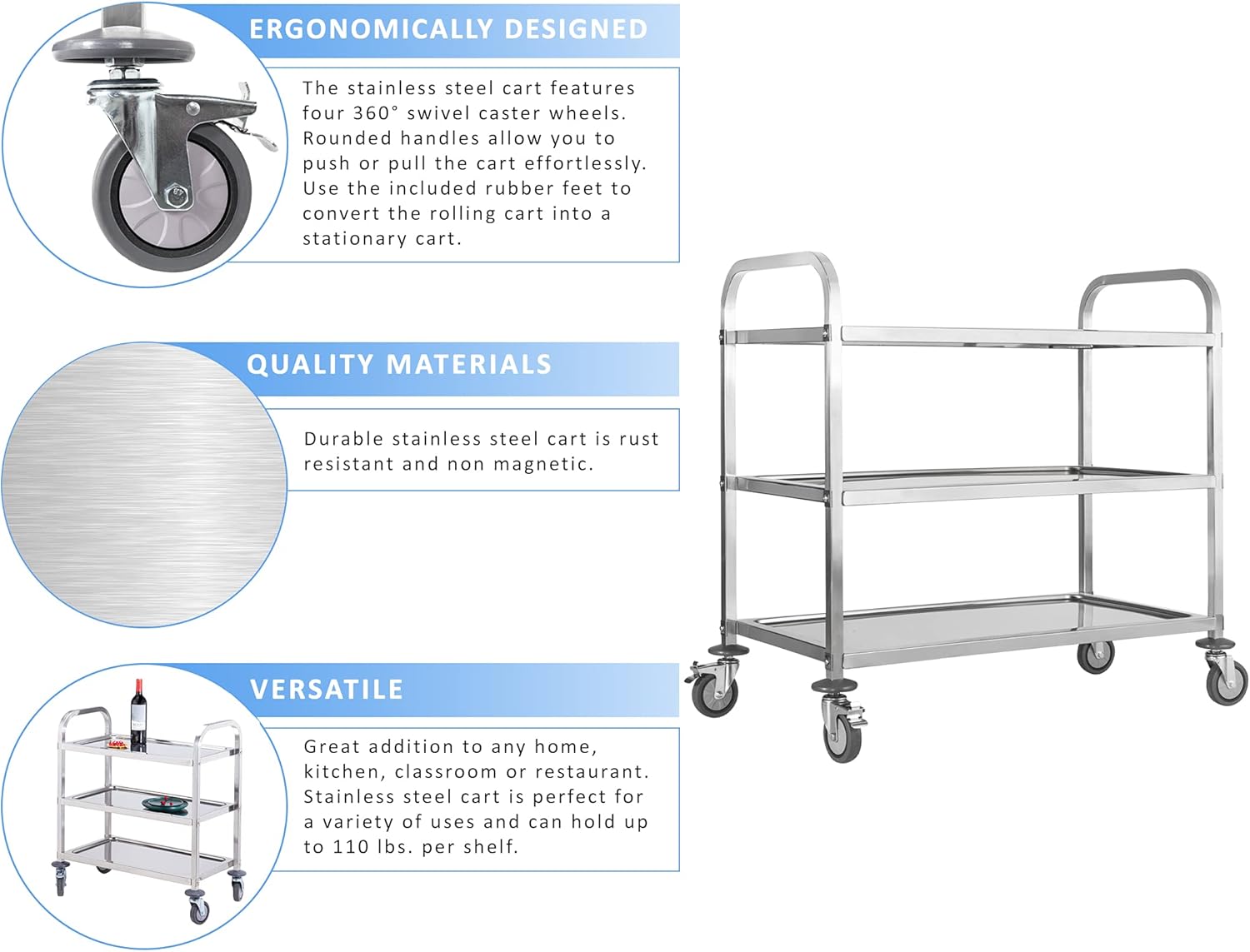Stainless Steel 3 Tier Rolling Utility Cart with Swivel Locking Wheels H542508