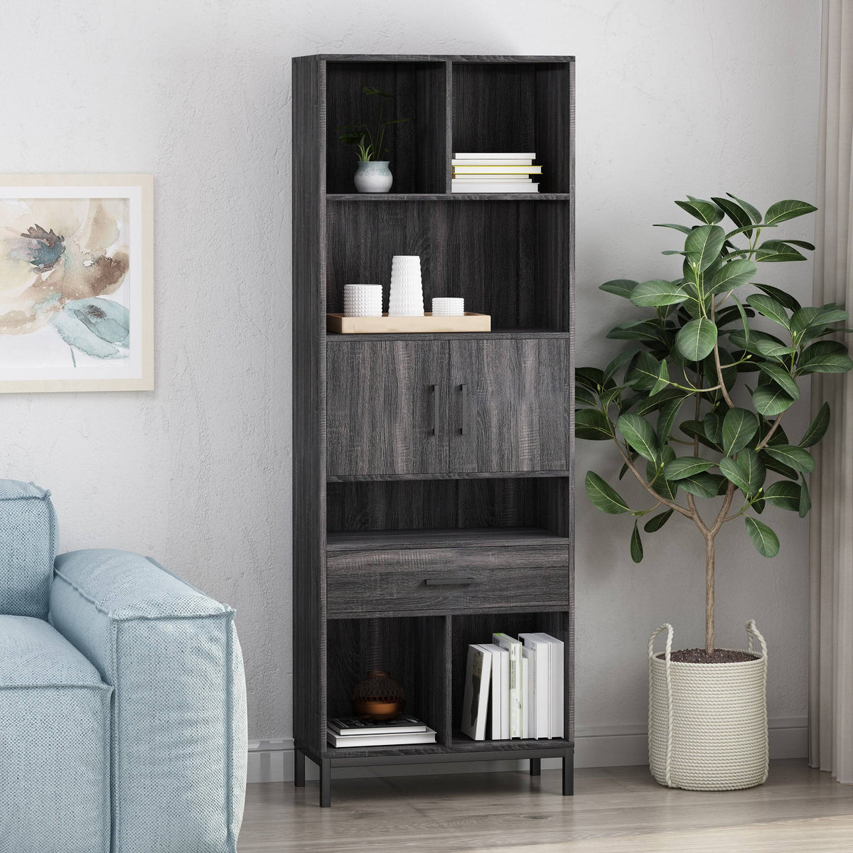 Walnut and Black Faux Wood Cube Bookcase Y9228