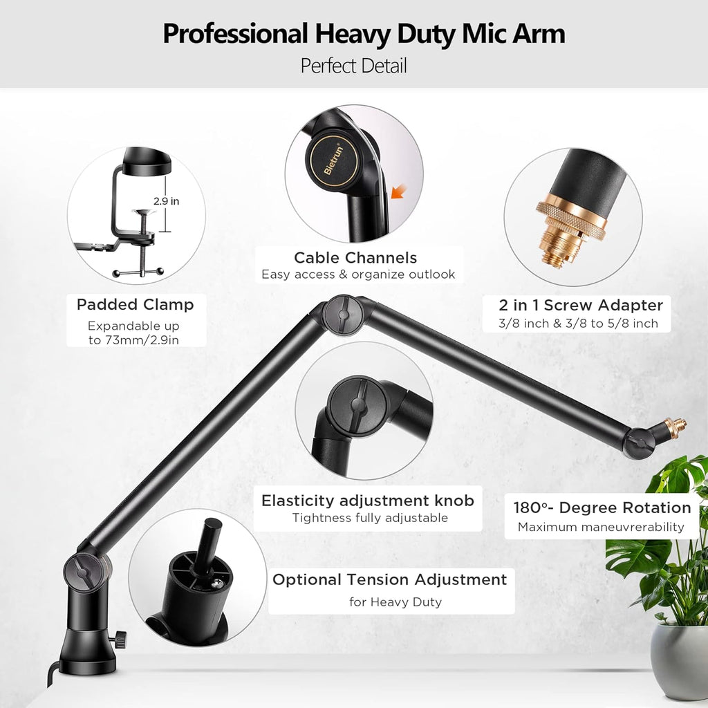 Mic Boom Arm with 3/8 to 5/8 Adapter, Heavy Duty Metal Desk Mount Stand with Hidden Cable Design Z735571