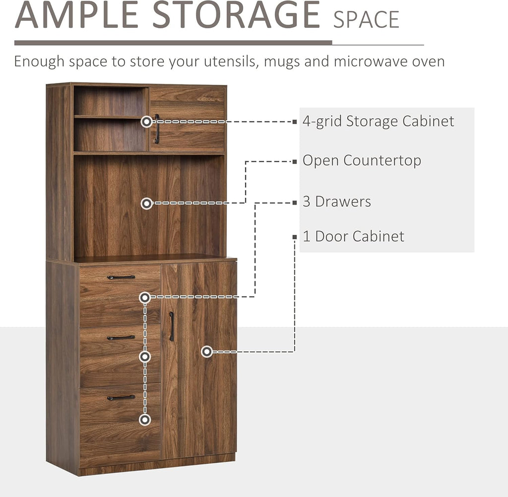 Walnut Kitchen Buffet Hutch with 3 Drawers and Sliding Door O75232