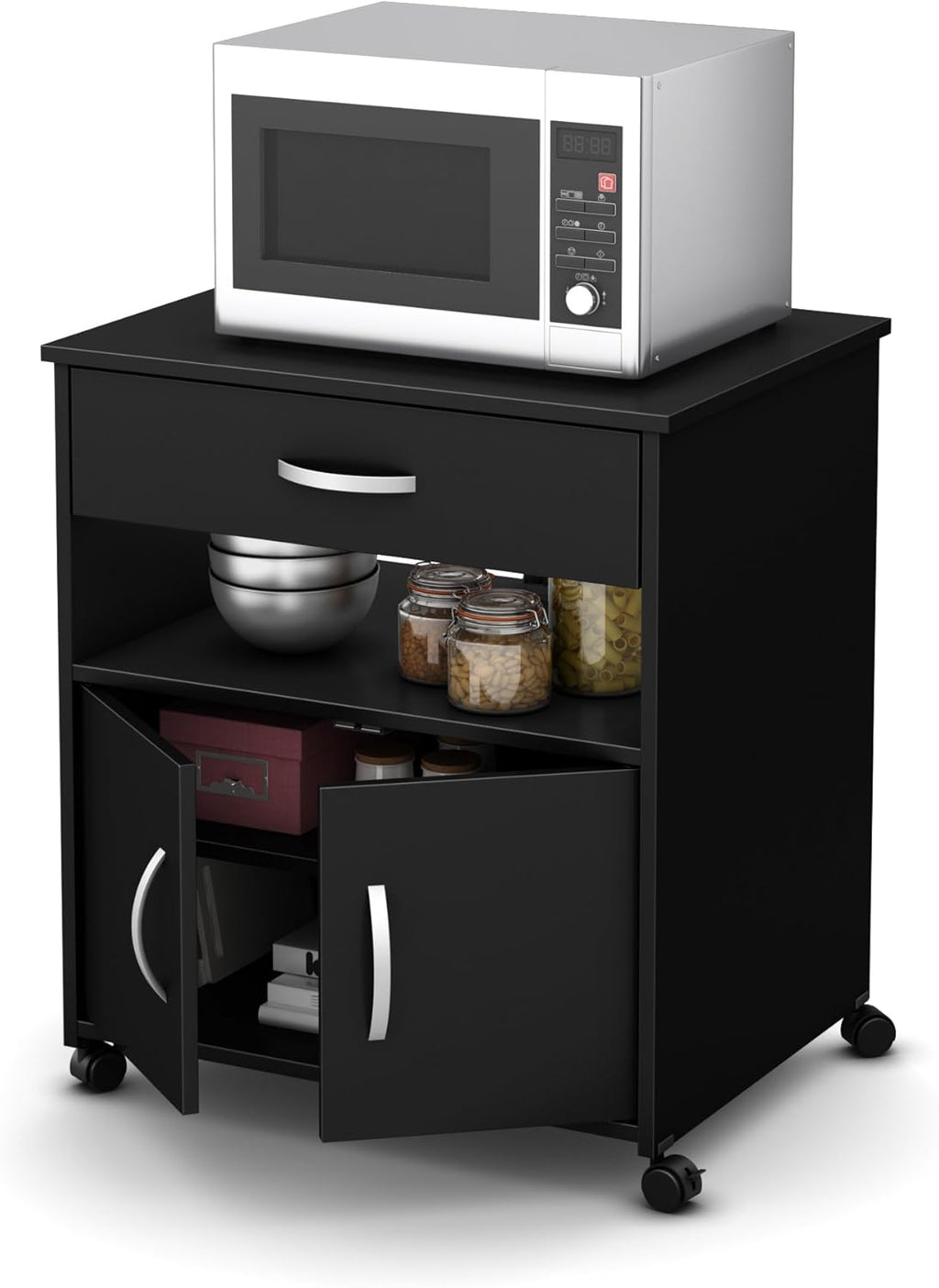Pure Black Microwave Cart on Wheels F77596