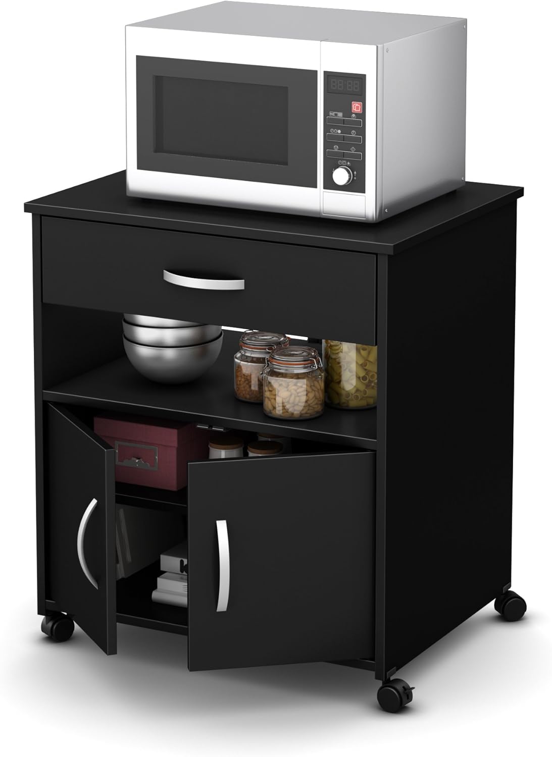 Pure Black Microwave Cart on Wheels F77596