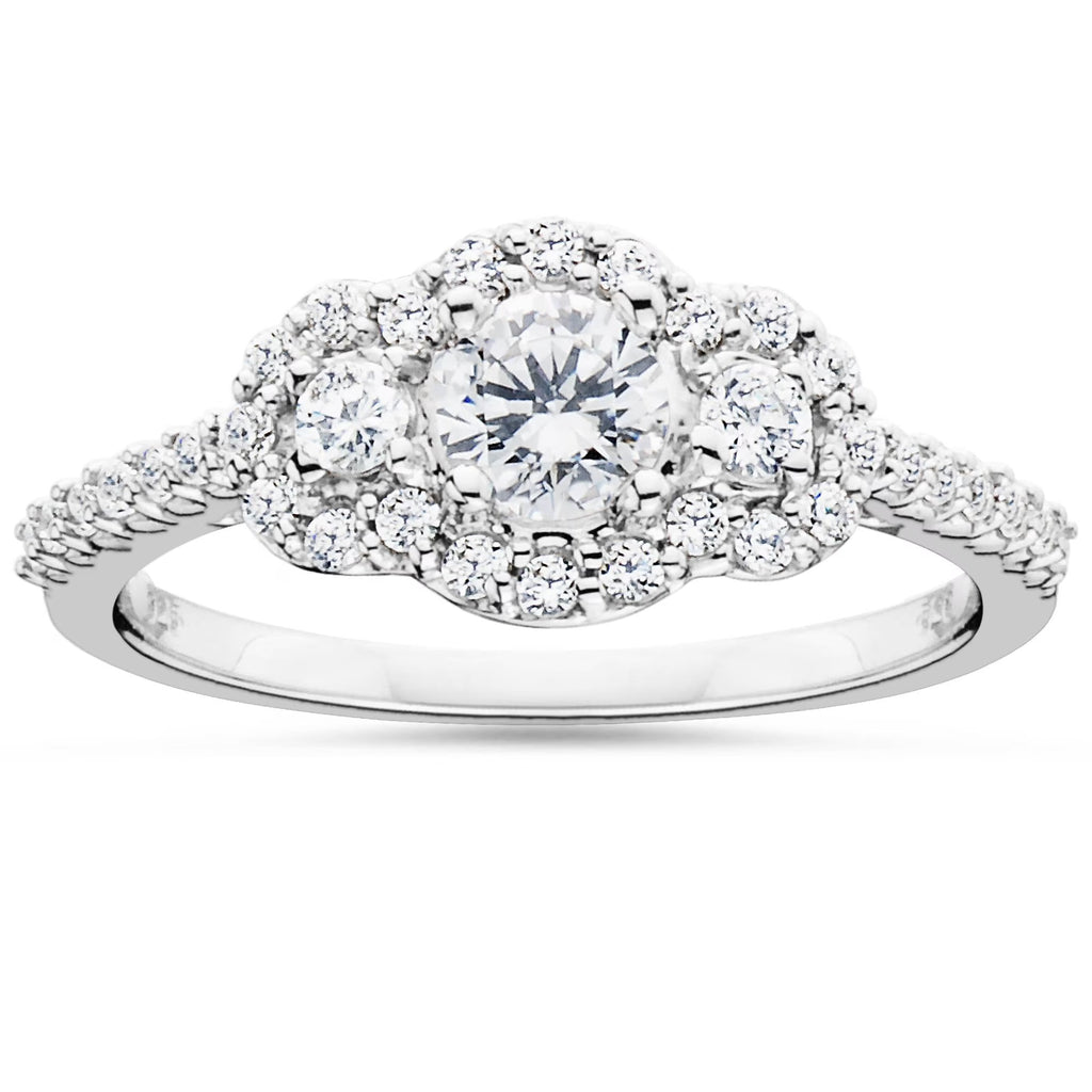 7/8 Carat 3-Stone Halo Diamond Engagement Ring White Gold P58142