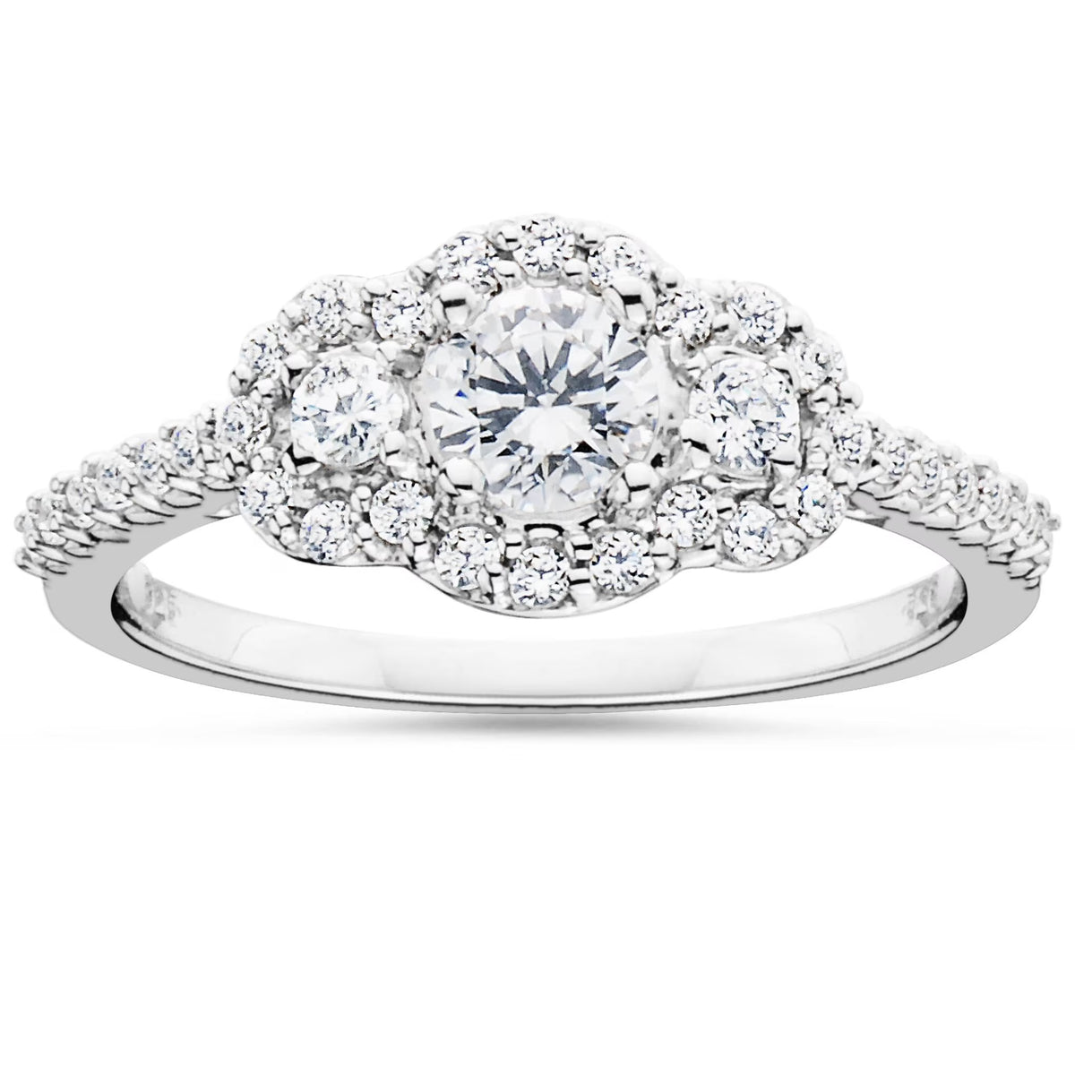7/8 Carat 3-Stone Halo Diamond Engagement Ring White Gold P58142