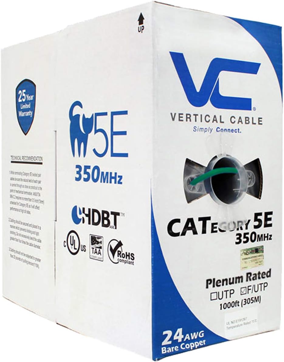 Cat5e Shielded 24AWG Solid Bare Copper Plenum 1000ft Bulk Ethernet Cable White L719