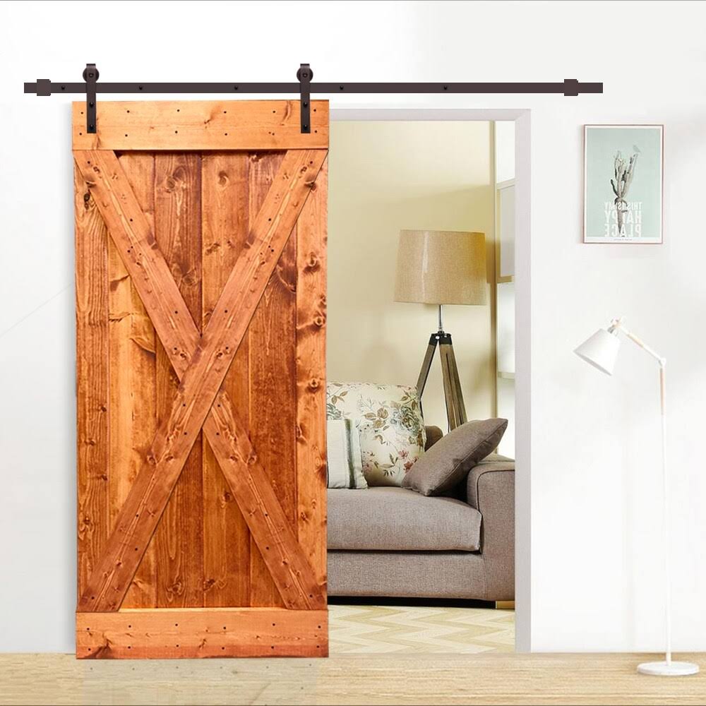 Red Walnut Stained Wood Interior Sliding Barn Door with Hardware Kit J8976