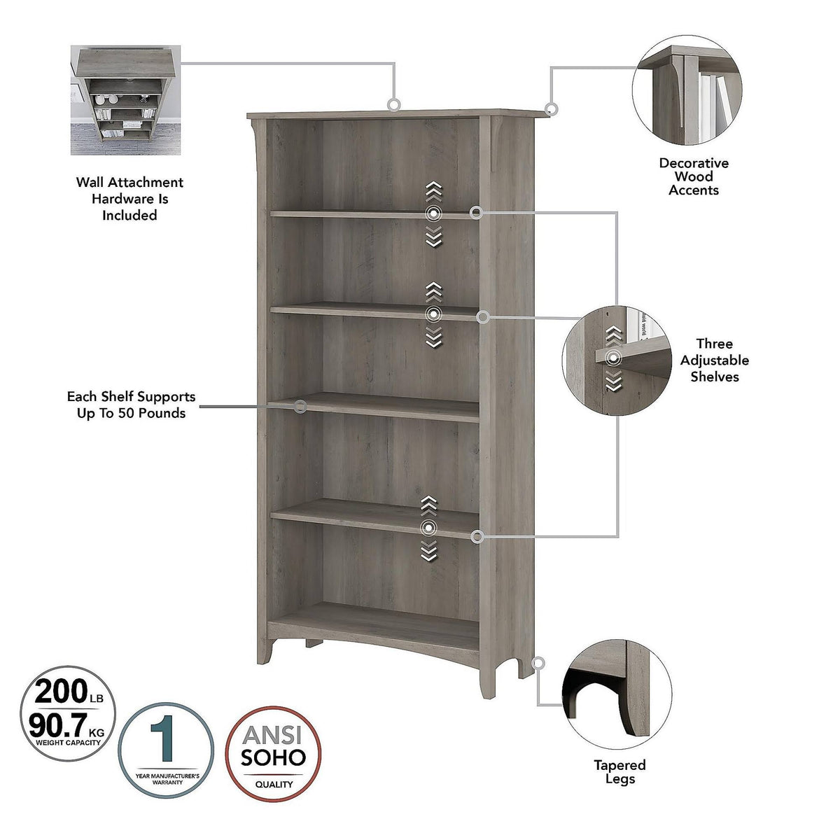 L Shaped Desk with Lateral File Cabinet and 5 Shelf Bookcase, Driftwood Gray V750826
