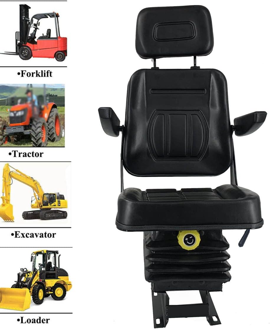 Suspension Seat with Adjustable Backrest Headrest Forklift Seat Replacement with Fold Up Armrests, Black G26943
