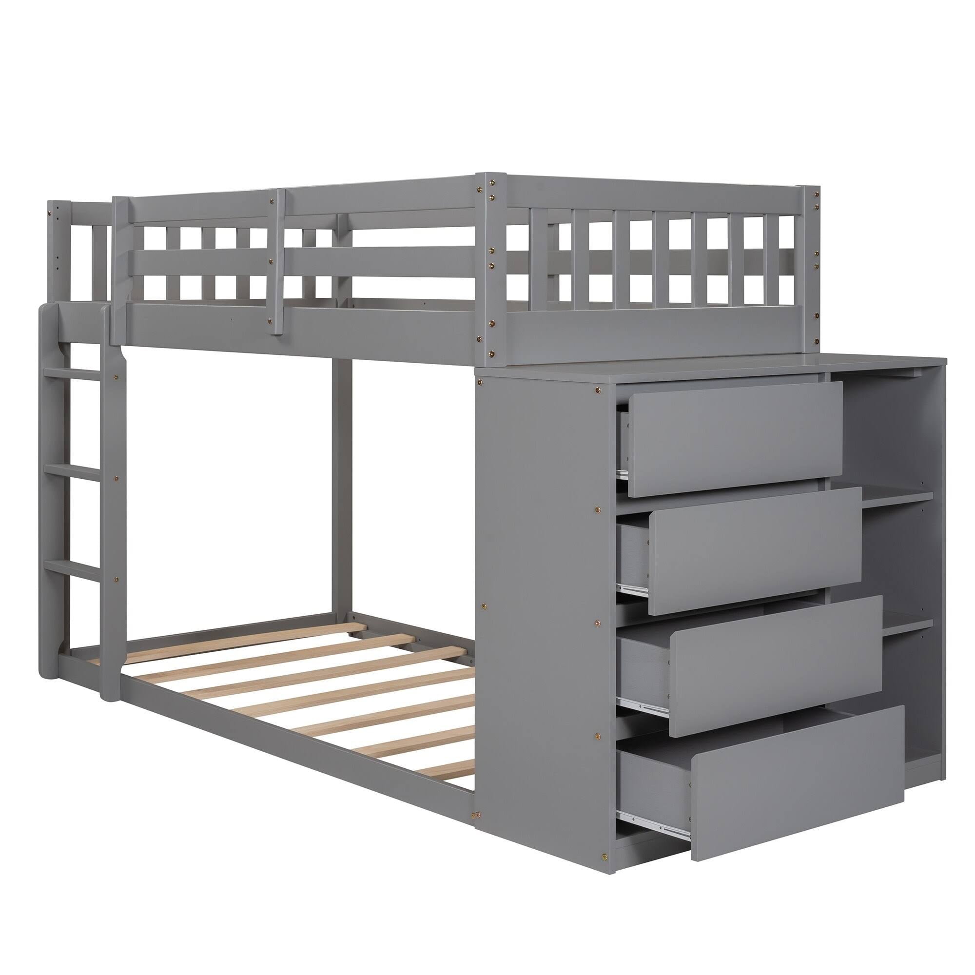 Gray Twin Over Twin Bunk Bed with 4 Drawer Storage Cabinet W64664